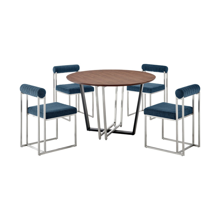 Joana Anastasia 5 Piece Round Walnut Dining Table Set with Brushed Stainless Steel and Blue Fabric