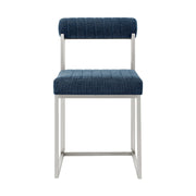 Joana Anastasia 5 Piece Round Walnut Dining Table Set with Brushed Stainless Steel and Blue Fabric - Furniture City (CA)l