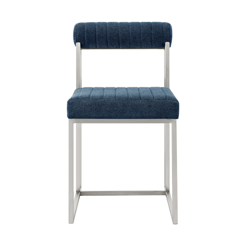 Joana Anastasia 5 Piece Round Walnut Dining Table Set with Brushed Stainless Steel and Blue Fabric - Furniture City (CA)l