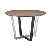 Joana Anastasia 5 Piece Round Walnut Dining Table Set with Brushed Stainless Steel and Blue Fabric - Furniture City (CA)l