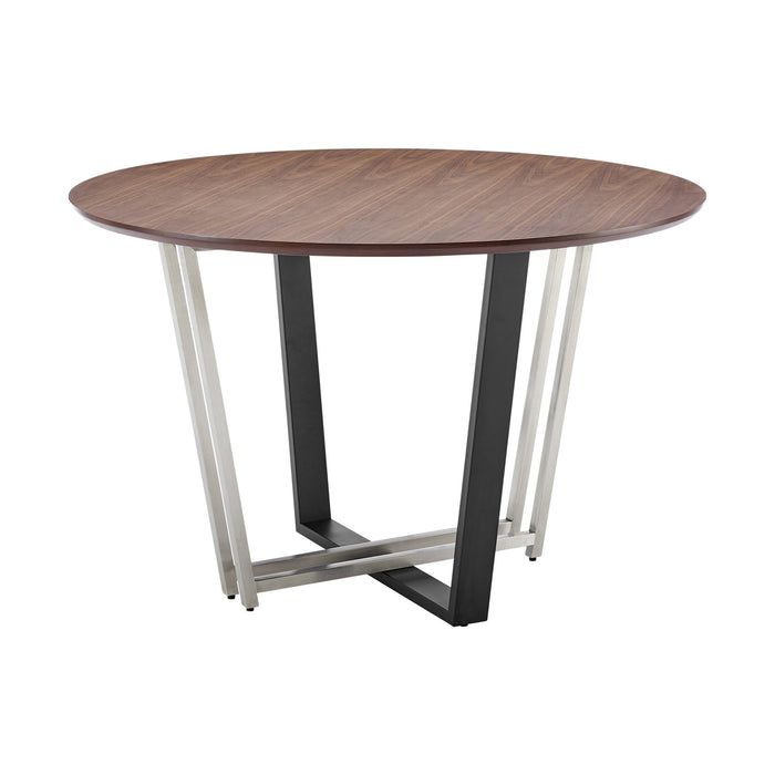 Joana Anastasia 5 Piece Round Walnut Dining Table Set with Brushed Stainless Steel and Blue Fabric