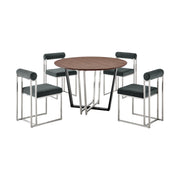 Joana Anastasia 5 Piece Round Walnut Dining Table Set with Brushed Stainless Steel and Charcoal Fabric - Furniture City (CA)l