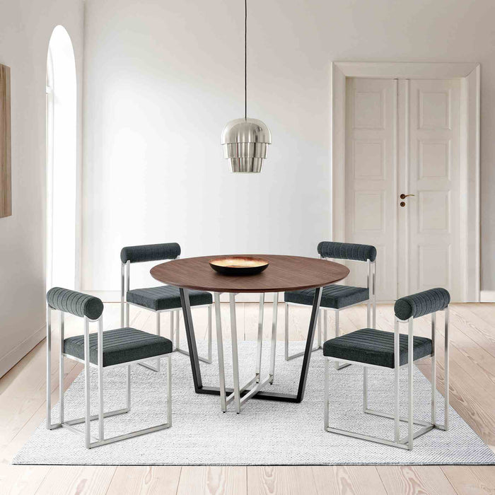 Joana Anastasia 5 Piece Round Walnut Dining Table Set with Brushed Stainless Steel and Charcoal Fabric