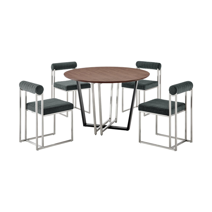 Joana Anastasia 5 Piece Round Walnut Dining Table Set with Brushed Stainless Steel and Charcoal Fabric