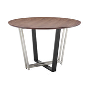 Joana Anastasia 5 Piece Round Walnut Dining Table Set with Brushed Stainless Steel and Charcoal Fabric - Furniture City (CA)l