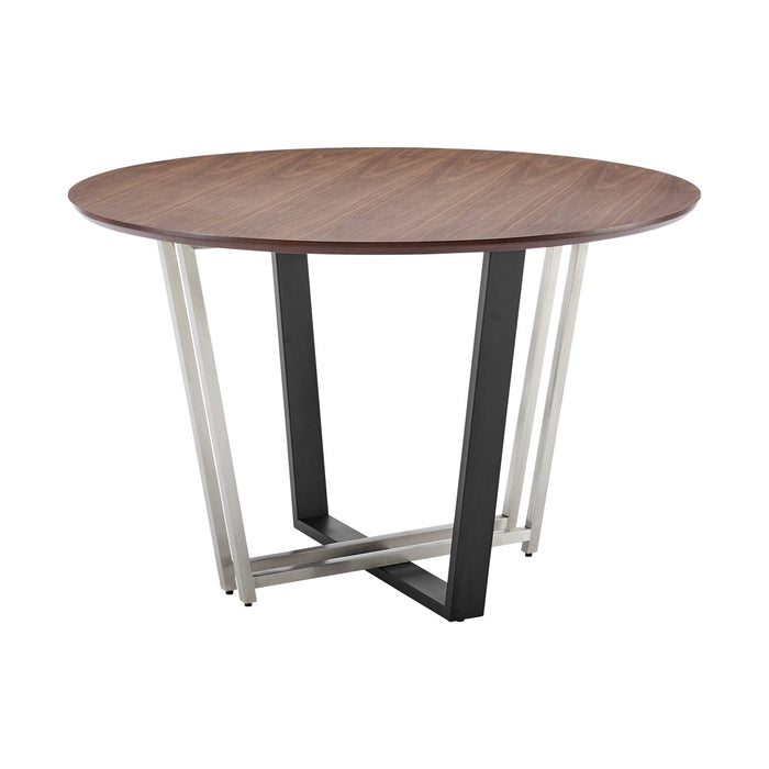 Joana Anastasia 5 Piece Round Walnut Dining Table Set with Brushed Stainless Steel and Charcoal Fabric