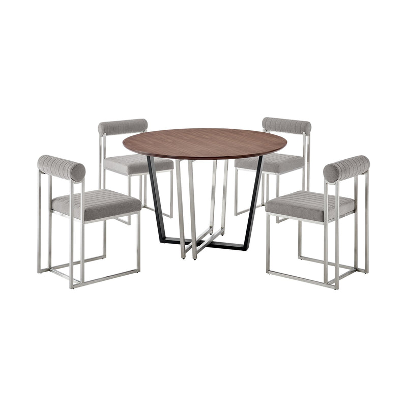 Joana Anastasia 5 Piece Round Walnut Dining Table Set with Brushed Stainless Steel and Light Gray Fabric - Furniture City (CA)l