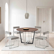 Joana Anastasia 5 Piece Round Walnut Dining Table Set with Brushed Stainless Steel and Light Gray Fabric - Furniture City (CA)l