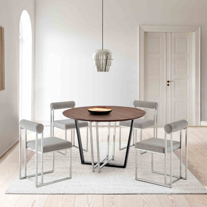 Joana Anastasia 5 Piece Round Walnut Dining Table Set with Brushed Stainless Steel and Light Gray Fabric