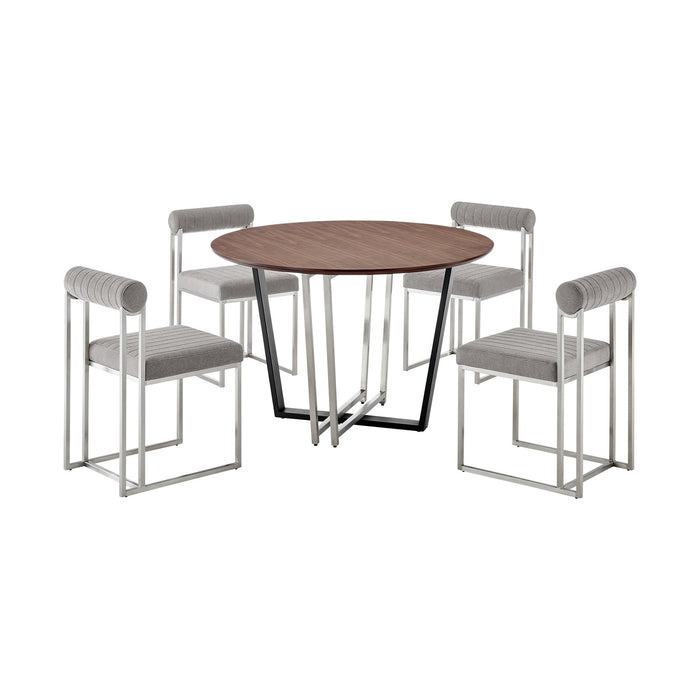Joana Anastasia 5 Piece Round Walnut Dining Table Set with Brushed Stainless Steel and Light Gray Fabric
