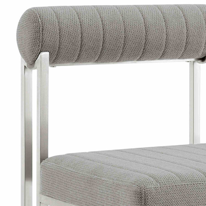 Joana Anastasia 5 Piece Round Walnut Dining Table Set with Brushed Stainless Steel and Light Gray Fabric