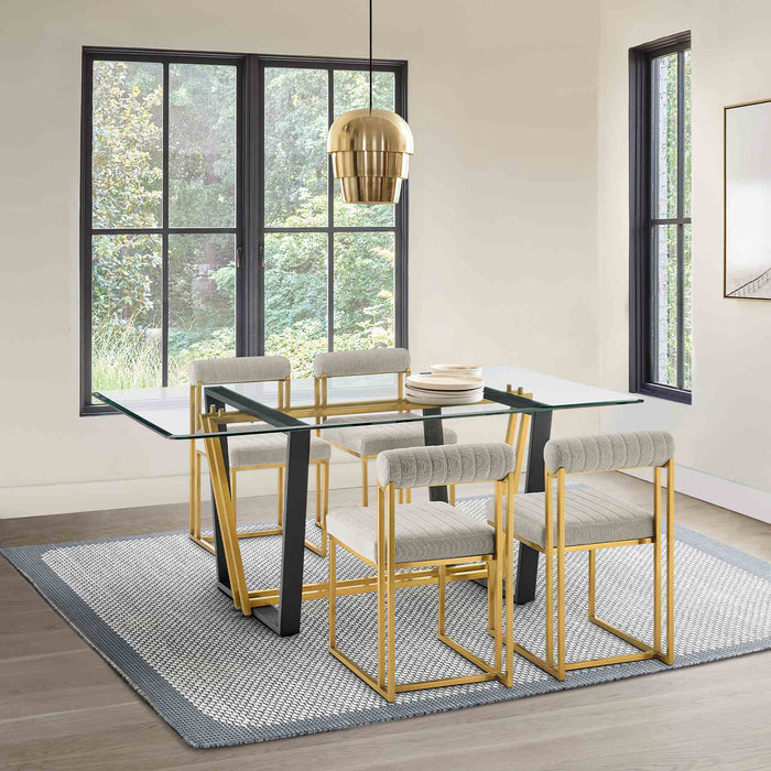 Kai Anastasia 5 Piece Rectangular Glass Dining Table Set with Gold Brushed Stainless Steel and Taupe Fabric