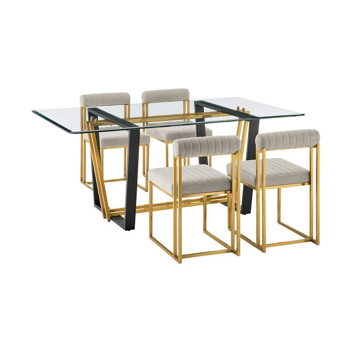Kai Anastasia 5 Piece Rectangular Glass Dining Table Set with Gold Brushed Stainless Steel and Taupe Fabric