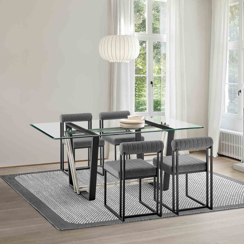 Kai Anastasia 5 Piece Rectangular Glass Dining Table Set with Matte Black Iron and Anchor Gray Fabric - Furniture City (CA)l