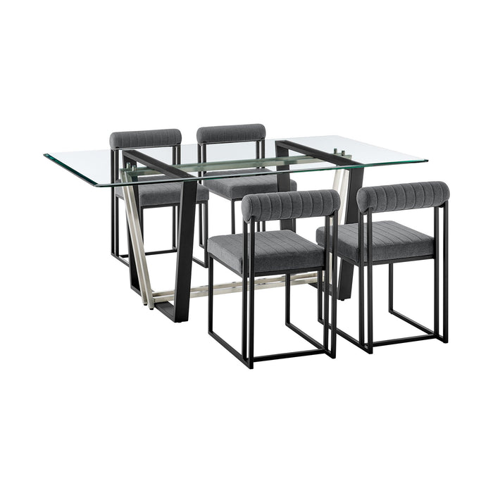 Kai Anastasia 5 Piece Rectangular Glass Dining Table Set with Matte Black Iron and Anchor Gray Fabric
