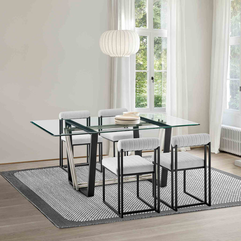Kai Anastasia 5 Piece Rectangular Glass Dining Table Set with Matte Black Iron and Light Gray Fabric - Furniture City (CA)l