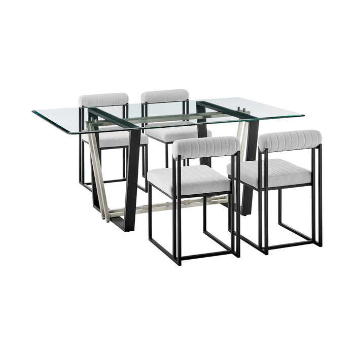 Kai Anastasia 5 Piece Rectangular Glass Dining Table Set with Matte Black Iron and Light Gray Fabric