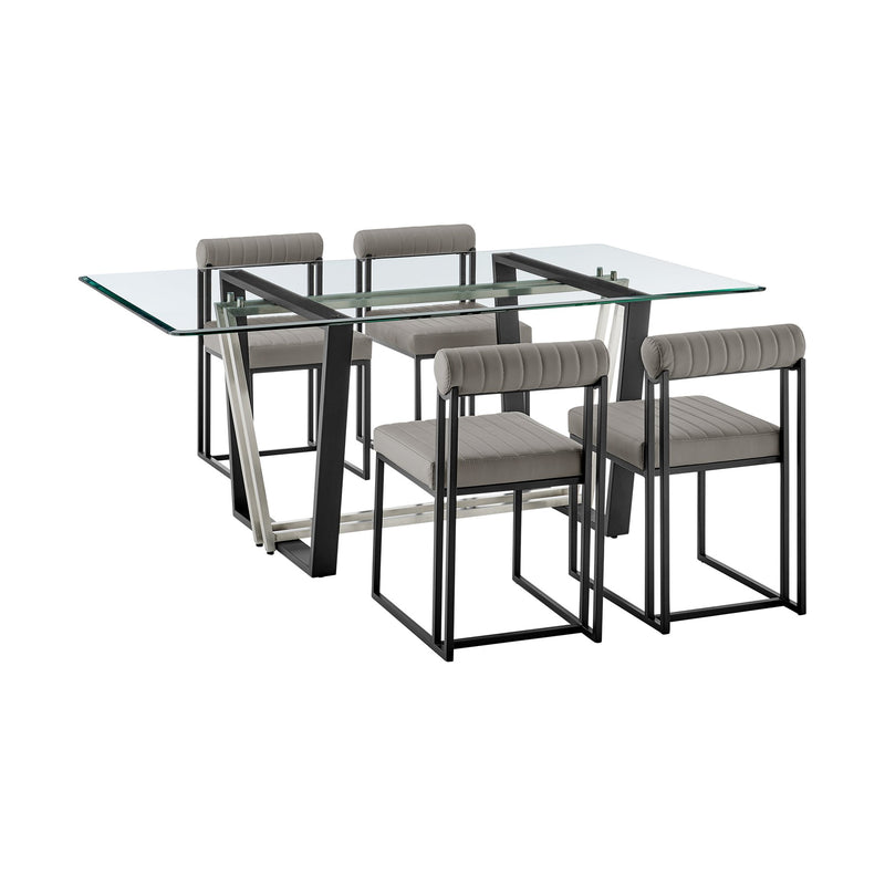 Kai Anastasia 5 Piece Rectangular Glass Dining Table Set with Matte Black Iron and Light Gray Faux Leather - Furniture City (CA)l