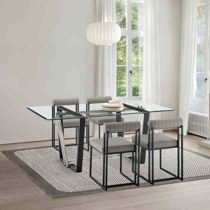 Kai Anastasia 5 Piece Rectangular Glass Dining Table Set with Matte Black Iron and Light Gray Faux Leather - Furniture City (CA)l