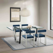Kai Anastasia 5 Piece Rectangular Glass Dining Table Set with Brushed Stainless Steel and Blue Fabric - Furniture City (CA)l