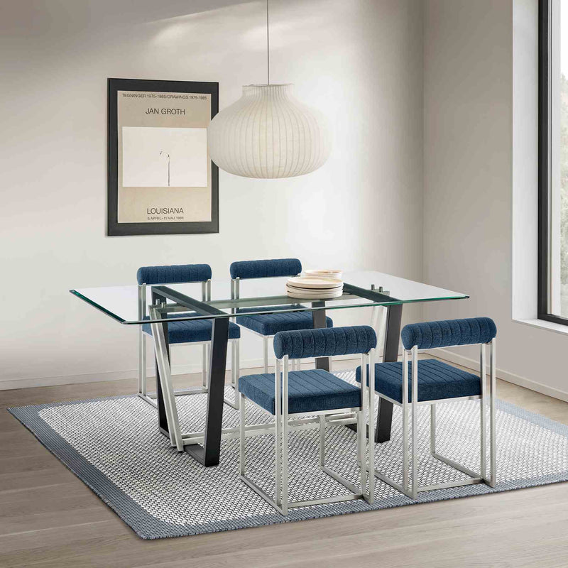 Kai Anastasia 5 Piece Rectangular Glass Dining Table Set with Brushed Stainless Steel and Blue Fabric - Furniture City (CA)l