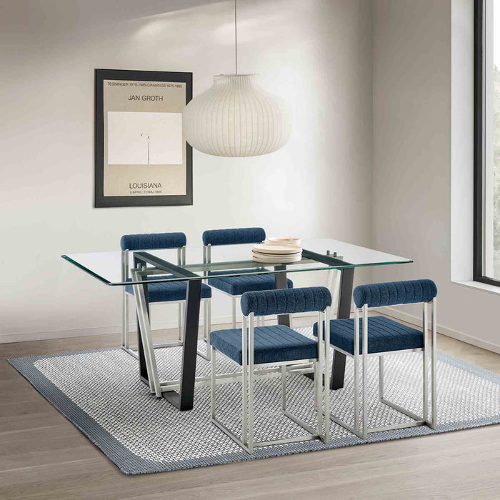 Kai Anastasia 5 Piece Rectangular Glass Dining Table Set with Brushed Stainless Steel and Blue Fabric