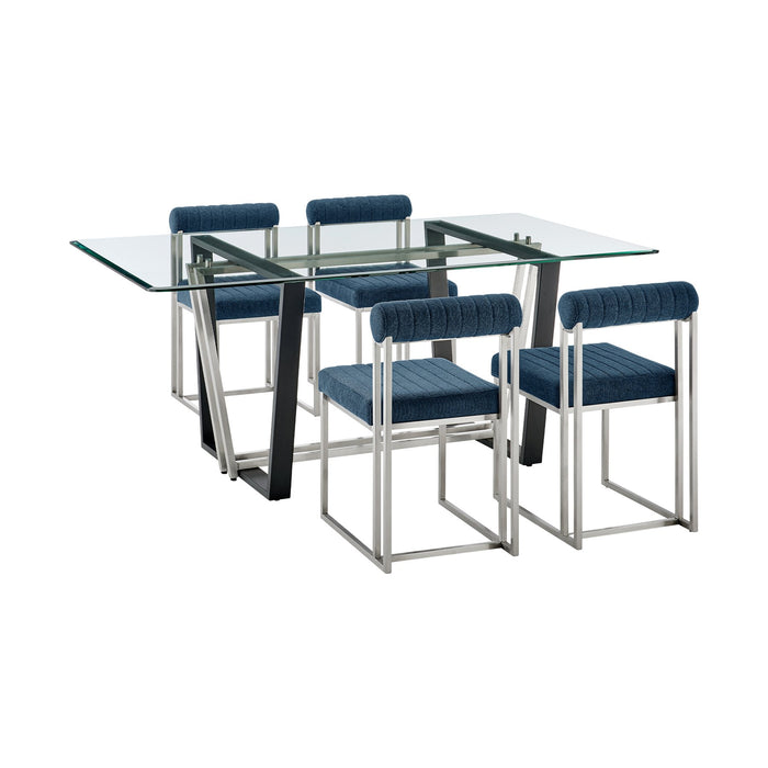Kai Anastasia 5 Piece Rectangular Glass Dining Table Set with Brushed Stainless Steel and Blue Fabric
