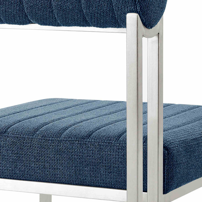 Kai Anastasia 5 Piece Rectangular Glass Dining Table Set with Brushed Stainless Steel and Blue Fabric