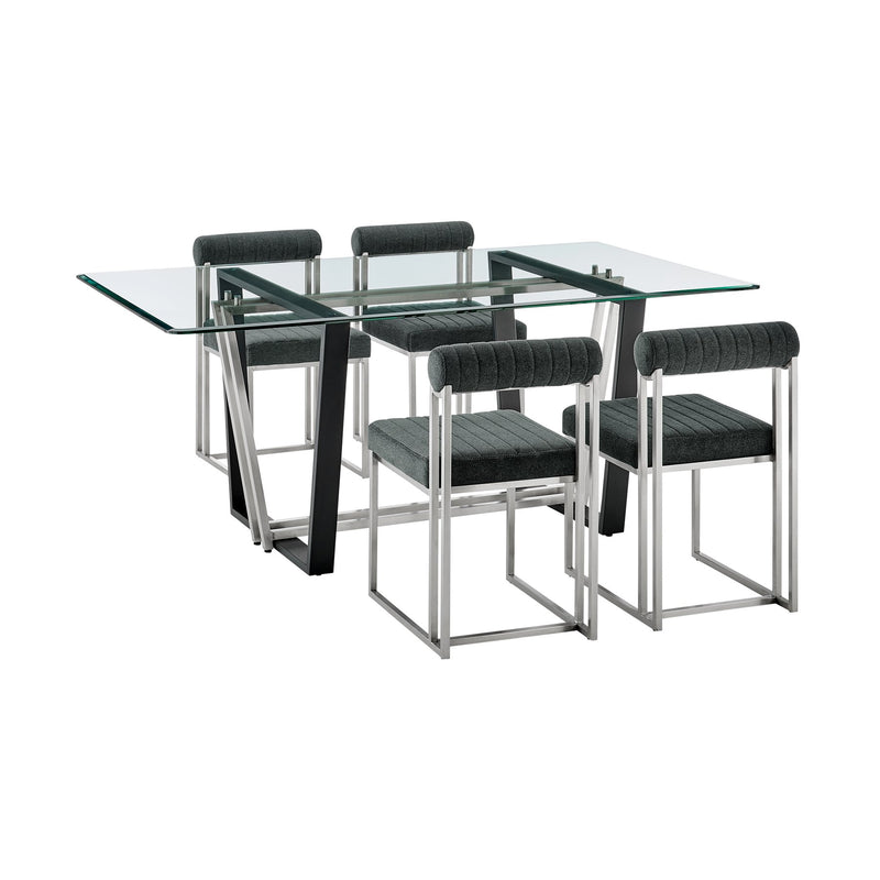 Kai Anastasia 5 Piece Rectangular Glass Dining Table Set with Brushed Stainless Steel and Charcoal Fabric - Furniture City (CA)l