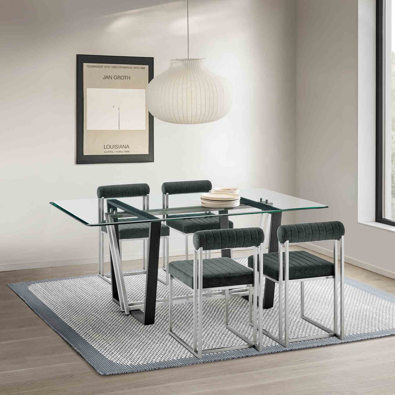 Kai Anastasia 5 Piece Rectangular Glass Dining Table Set with Brushed Stainless Steel and Charcoal Fabric - Furniture City (CA)l