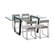 Kai Anastasia 5 Piece Rectangular Glass Dining Table Set with Brushed Stainless Steel and Light Gray Fabric - Furniture City (CA)l
