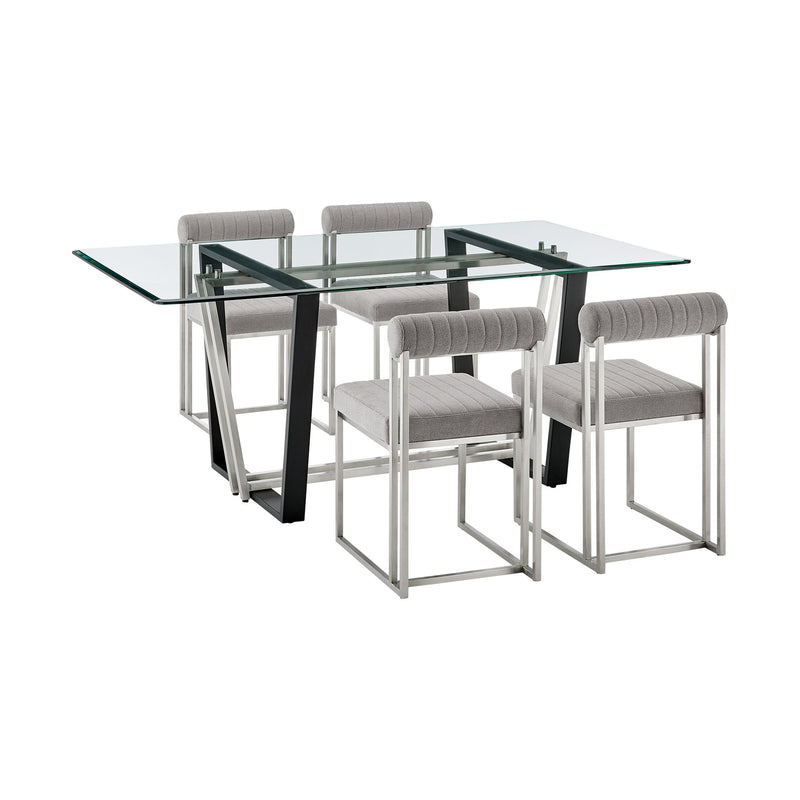 Kai Anastasia 5 Piece Rectangular Glass Dining Table Set with Brushed Stainless Steel and Light Gray Fabric - Furniture City (CA)l