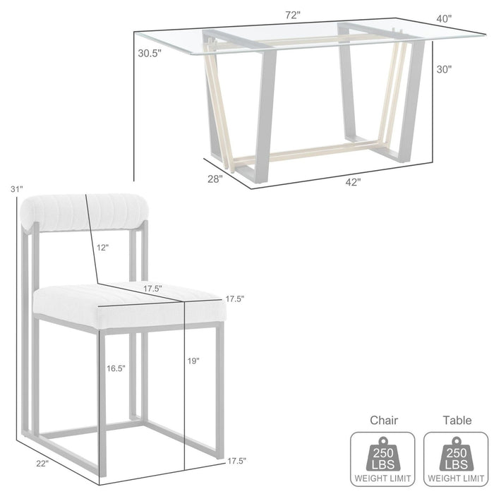 Kai Anastasia 5 Piece Rectangular Glass Dining Table Set with Brushed Stainless Steel and Light Gray Fabric