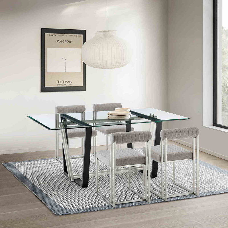 Kai Anastasia 5 Piece Rectangular Glass Dining Table Set with Brushed Stainless Steel and Light Gray Fabric - Furniture City (CA)l