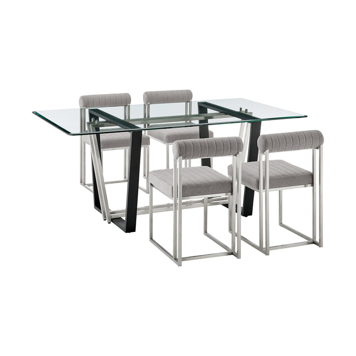 Kai Anastasia 5 Piece Rectangular Glass Dining Table Set with Brushed Stainless Steel and Light Gray Fabric