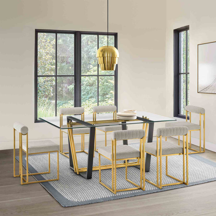 Kai Anastasia 7 Piece Rectangular Glass Dining Table Set with Gold Brushed Stainless Steel and Taupe Fabric