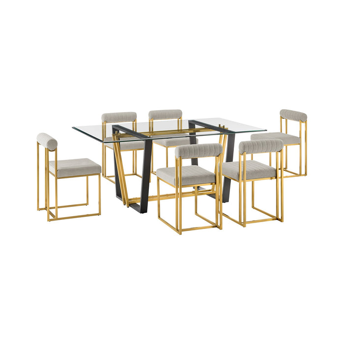 Kai Anastasia 7 Piece Rectangular Glass Dining Table Set with Gold Brushed Stainless Steel and Taupe Fabric