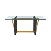 Kai Anastasia 7 Piece Rectangular Glass Dining Table Set with Gold Brushed Stainless Steel and Taupe Fabric - Furniture City (CA)l