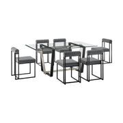Kai Anastasia 7 Piece Rectangular Glass Dining Table Set with Matte Black Iron and Anchor Gray Fabric - Furniture City (CA)l