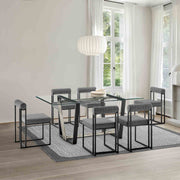 Kai Anastasia 7 Piece Rectangular Glass Dining Table Set with Matte Black Iron and Anchor Gray Fabric - Furniture City (CA)l