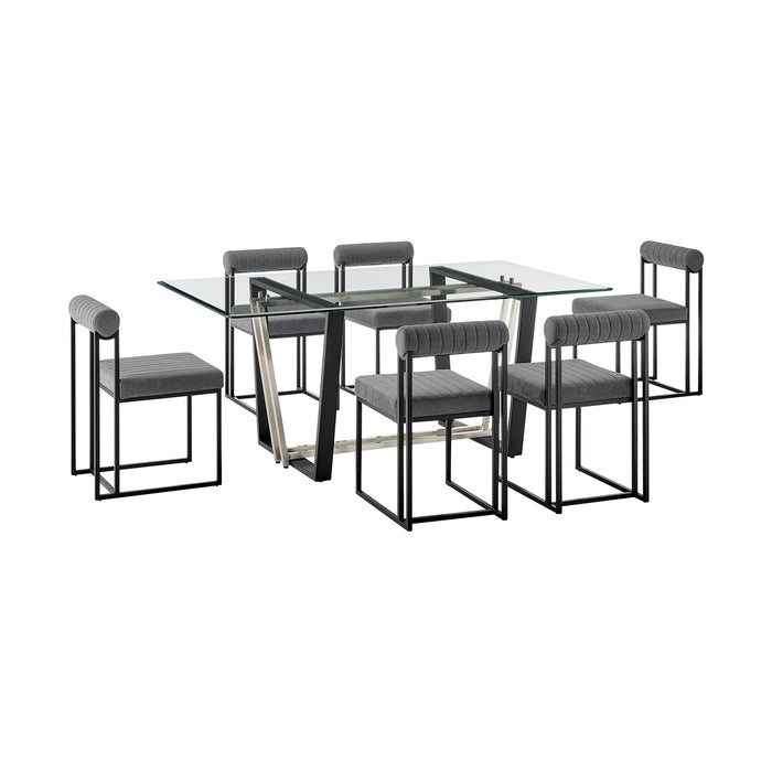 Kai Anastasia 7 Piece Rectangular Glass Dining Table Set with Matte Black Iron and Anchor Gray Fabric