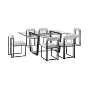 Kai Anastasia 7 Piece Rectangular Glass Dining Table Set with Matte Black Iron and Light Gray Fabric - Furniture City (CA)l