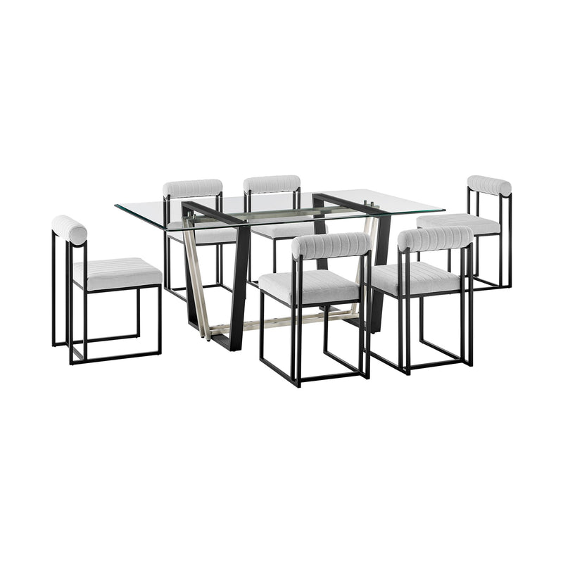 Kai Anastasia 7 Piece Rectangular Glass Dining Table Set with Matte Black Iron and Light Gray Fabric - Furniture City (CA)l
