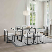 Kai Anastasia 7 Piece Rectangular Glass Dining Table Set with Matte Black Iron and Light Gray Fabric - Furniture City (CA)l