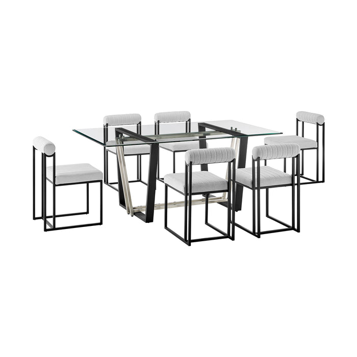 Kai Anastasia 7 Piece Rectangular Glass Dining Table Set with Matte Black Iron and Light Gray Fabric