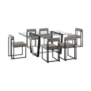 Kai Anastasia 7 Piece Rectangular Glass Dining Table Set with Matte Black Iron and Light Gray Faux Leather - Furniture City (CA)l