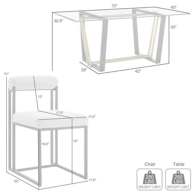 Kai Anastasia 7 Piece Rectangular Glass Dining Table Set with Matte Black Iron and Light Gray Faux Leather - Furniture City (CA)l