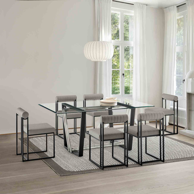 Kai Anastasia 7 Piece Rectangular Glass Dining Table Set with Matte Black Iron and Light Gray Faux Leather - Furniture City (CA)l