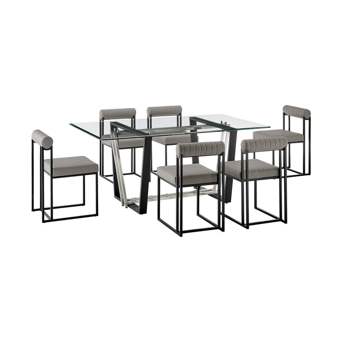 Kai Anastasia 7 Piece Rectangular Glass Dining Table Set with Matte Black Iron and Light Gray Faux Leather