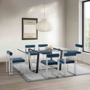 Kai Anastasia 7 Piece Rectangular Glass Dining Table Set with Brushed Stainless Steel and Blue Fabric - Furniture City (CA)l